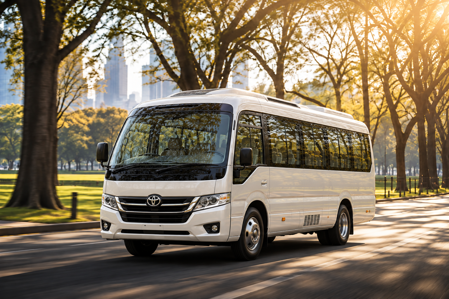 Golden-Hour Toyota Coaster in the City Park